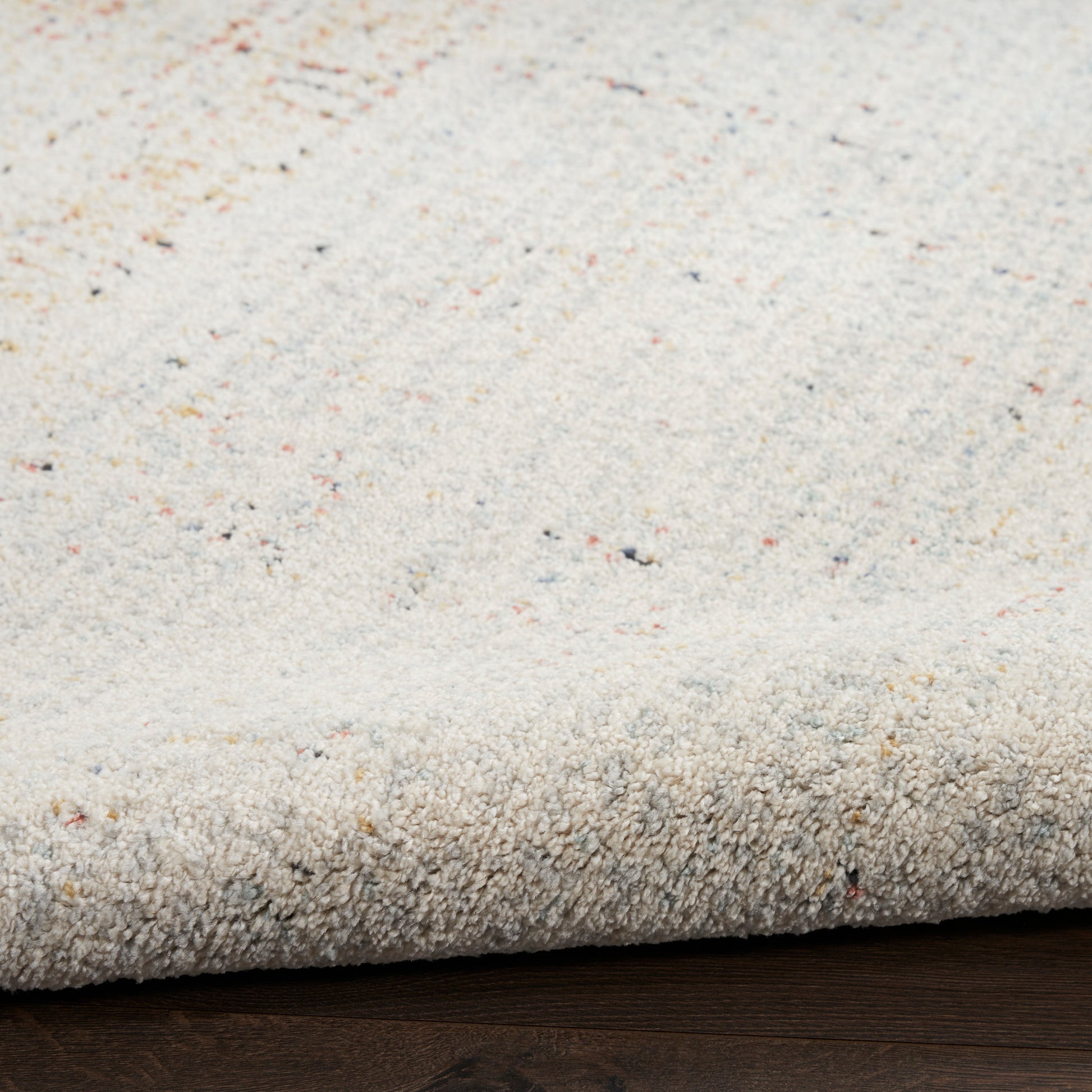 Beige speckled area rug with soft pile; close-up of woven texture and folded edge on dark wood floor.