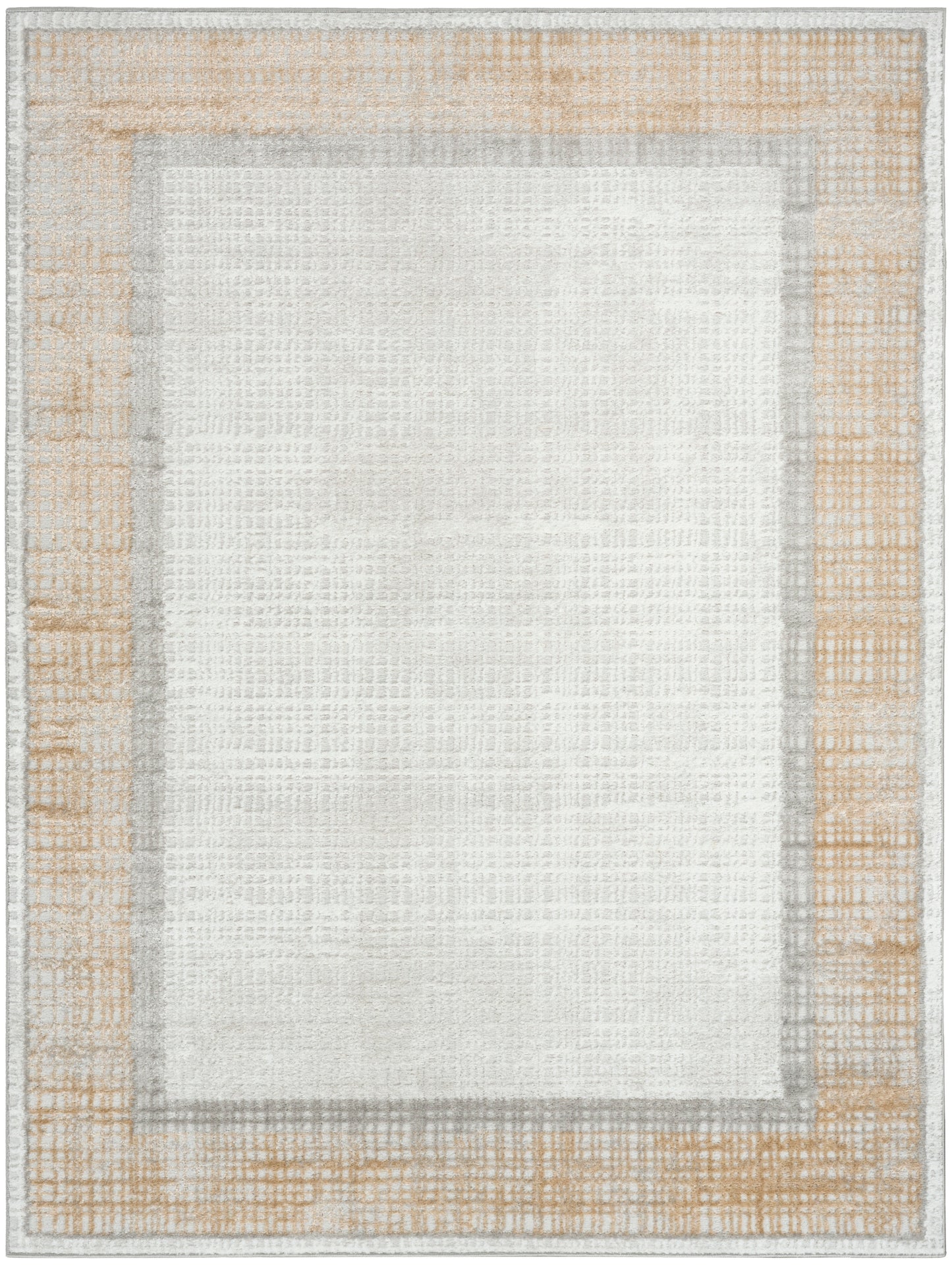 Textured area rug with cream center, thin gray inner border, and wide peach-beige outer border.