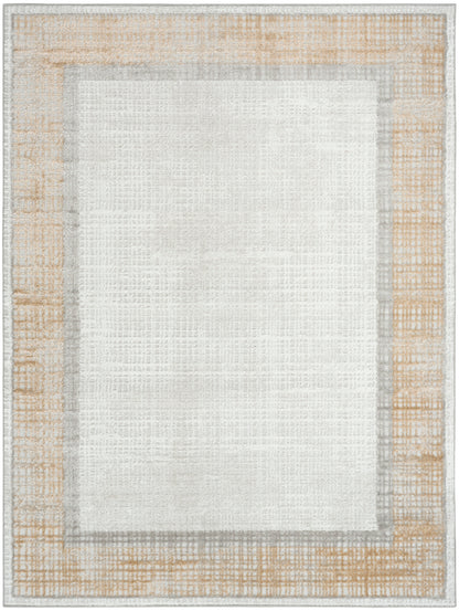 Textured area rug with cream center, thin gray inner border, and wide peach-beige outer border.