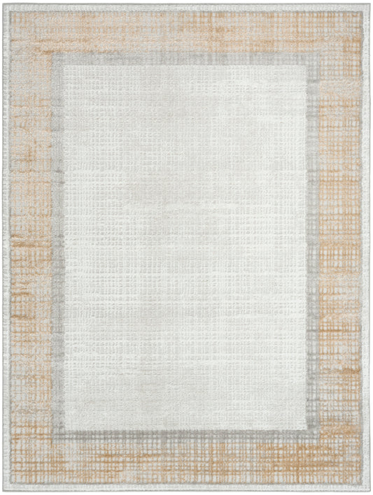 Textured area rug with cream center, thin gray inner border, and wide peach-beige outer border.