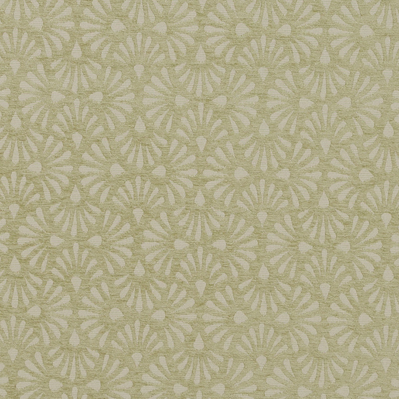 Beige fabric featuring a pale olive sunburst floral pattern repeating across.