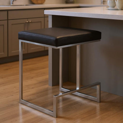 24" Black And Silver Faux Leather And Steel Backless Counter Height Bar Chair