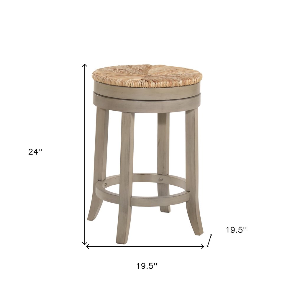 24" Natural And Gray Rush And Solid Wood Backless Counter Height Swivel Bar Chair
