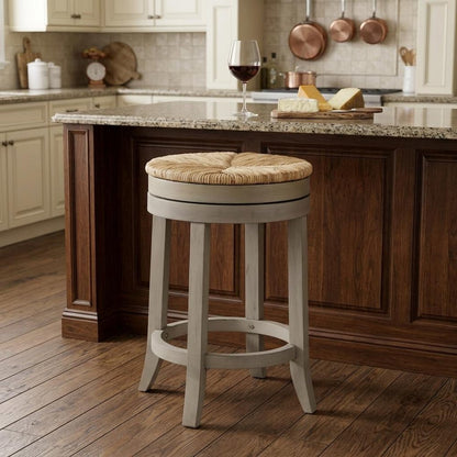 24" Natural And Gray Rush And Solid Wood Backless Counter Height Swivel Bar Chair