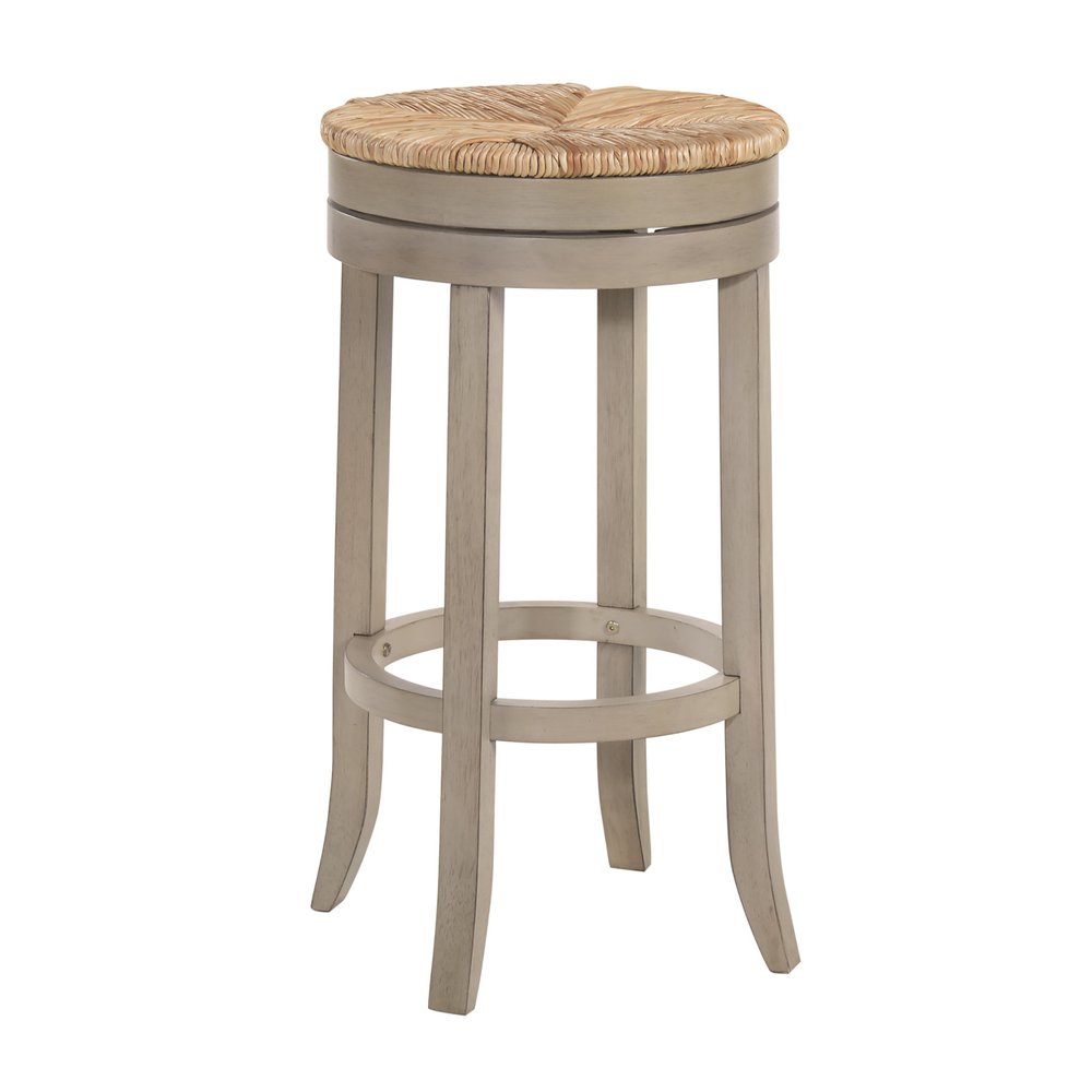 30" Natural And Gray Rush And Solid Wood Backless Bar Height Swivel Bar Chair