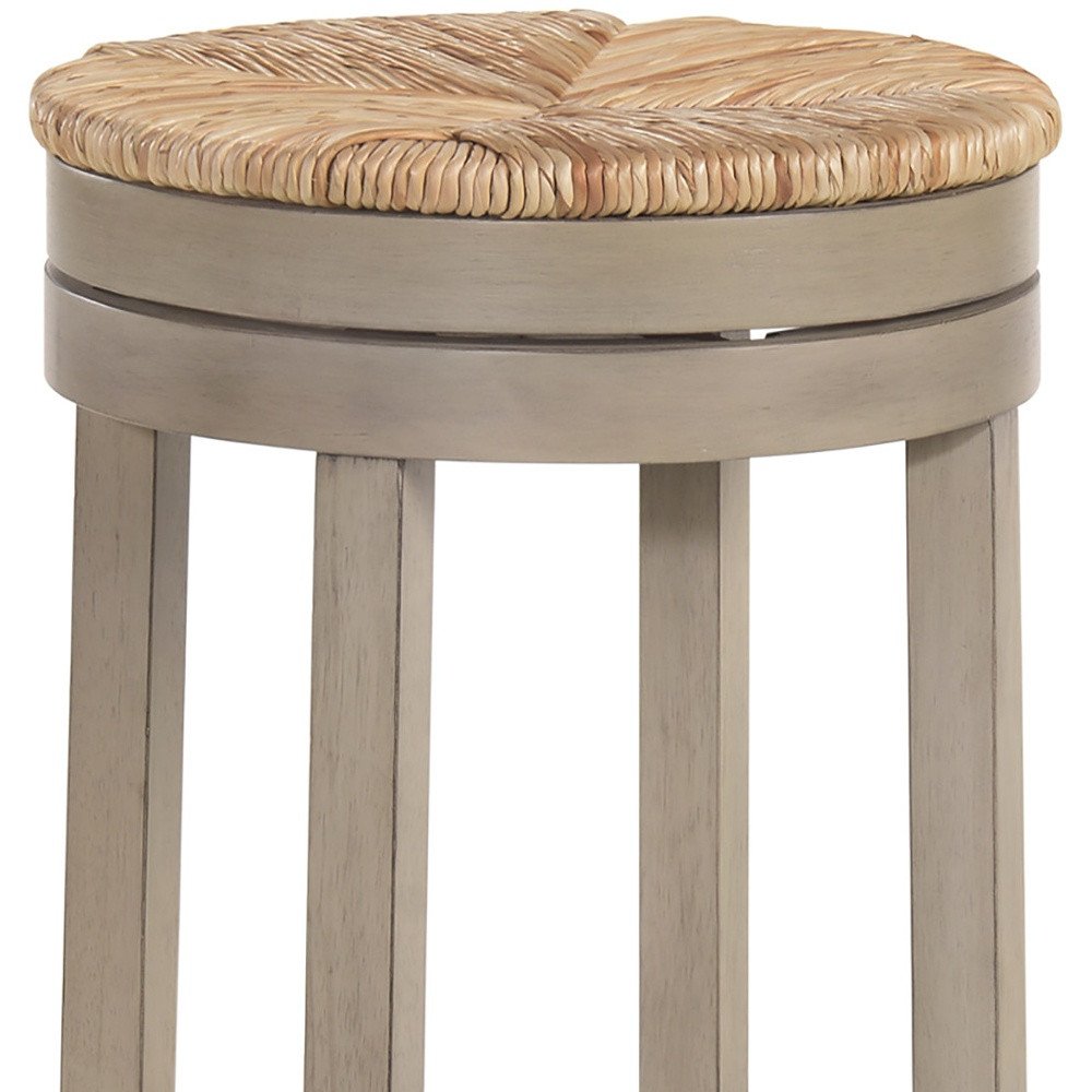 30" Natural And Gray Rush And Solid Wood Backless Bar Height Swivel Bar Chair