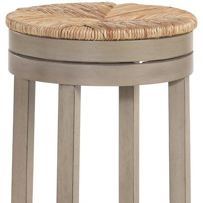30" Natural And Gray Rush And Solid Wood Backless Bar Height Swivel Bar Chair