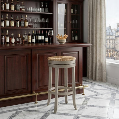 30" Natural And Gray Rush And Solid Wood Backless Bar Height Swivel Bar Chair