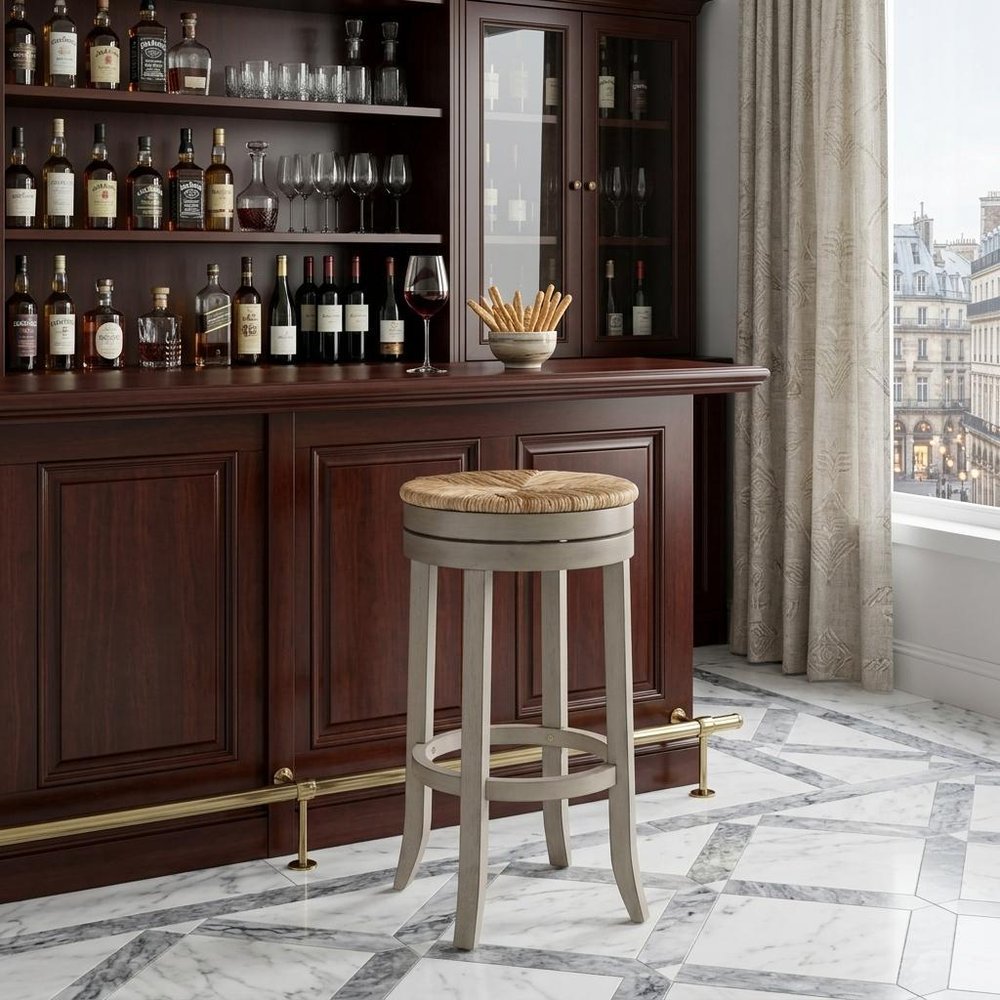 30" Natural And Gray Solid Wood Swivel Backless Bar Height Bar Chair