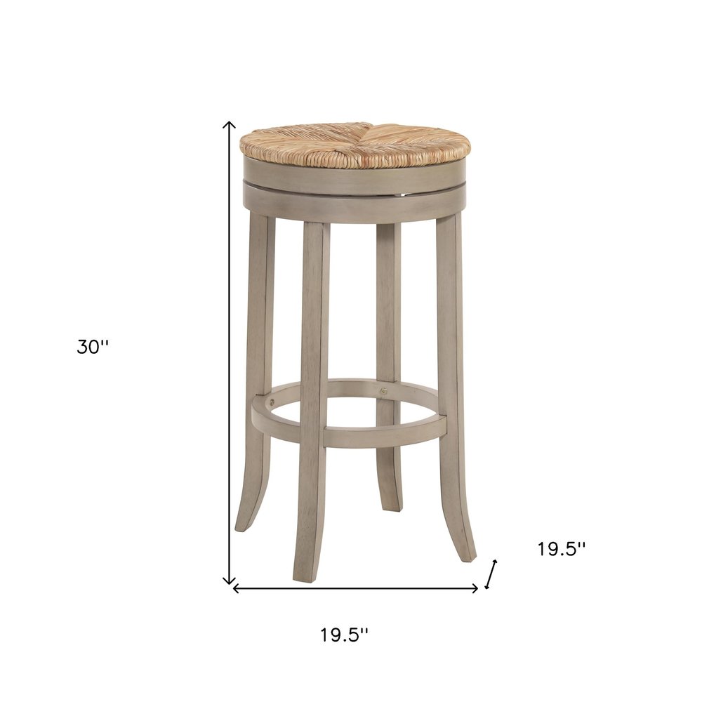 30" Natural And Gray Rush And Solid Wood Backless Bar Height Swivel Bar Chair