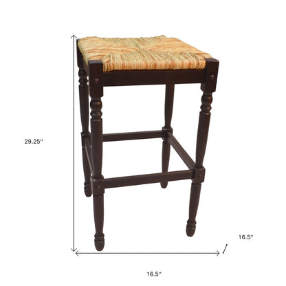 29" Natural and Espresso Wicker and Solid Wood Backless Bar Height Bar Chair