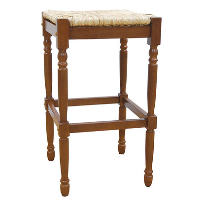 29" Natural And Brown Rush And Solid Wood Backless Bar Height Bar Chair