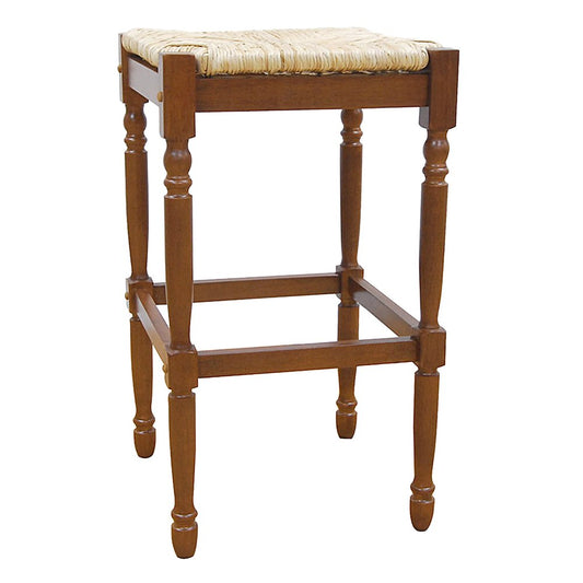 29" Natural And Brown Rush And Solid Wood Backless Bar Height Bar Chair