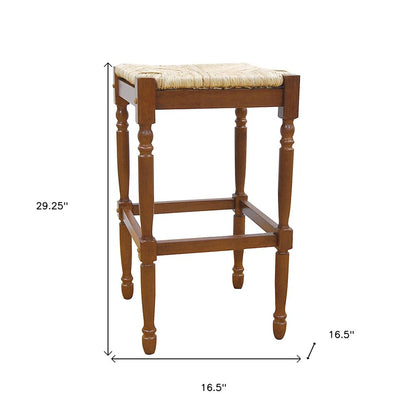 29" Natural And Brown Rush And Solid Wood Backless Bar Height Bar Chair