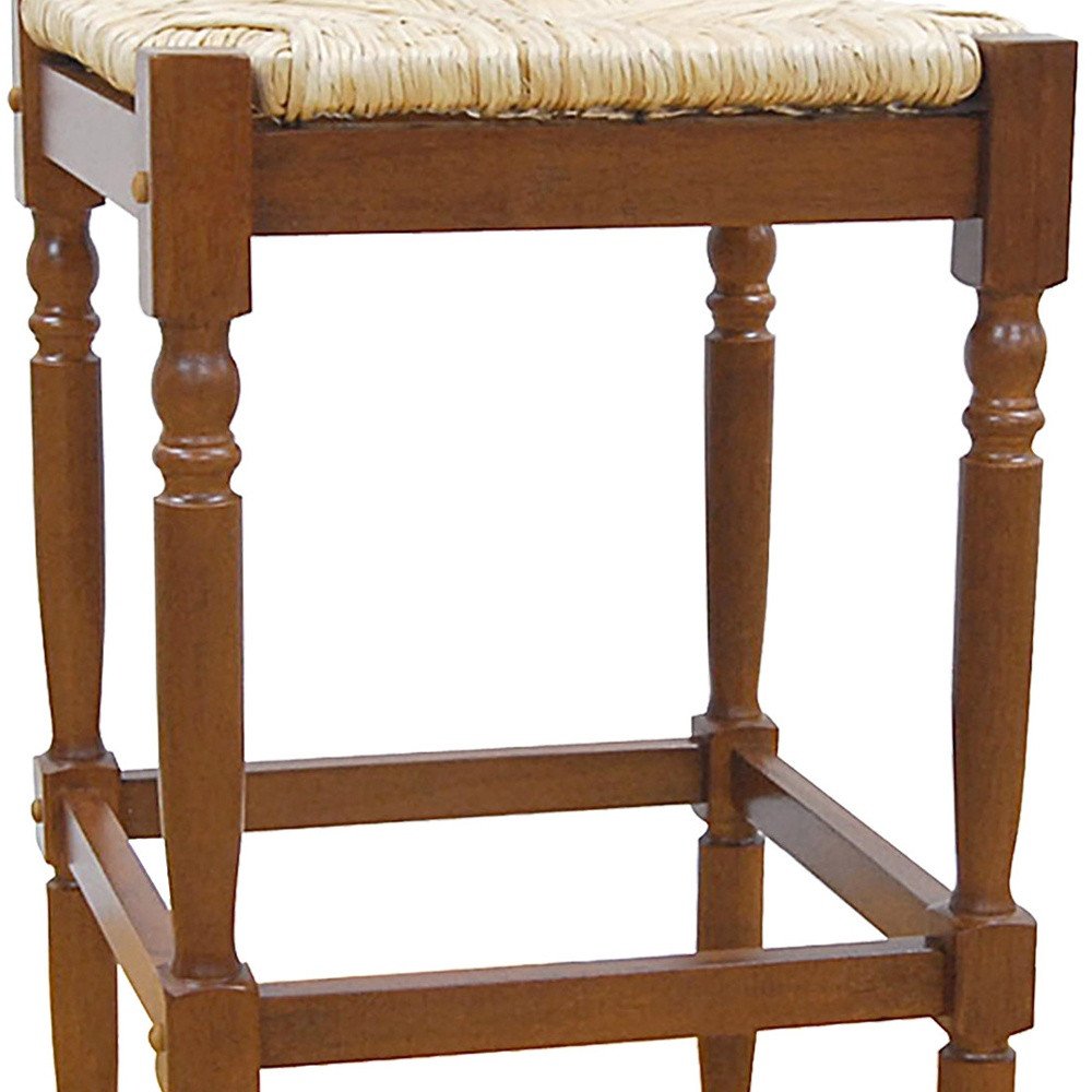 29" Natural And Brown Rush And Solid Wood Backless Bar Height Bar Chair