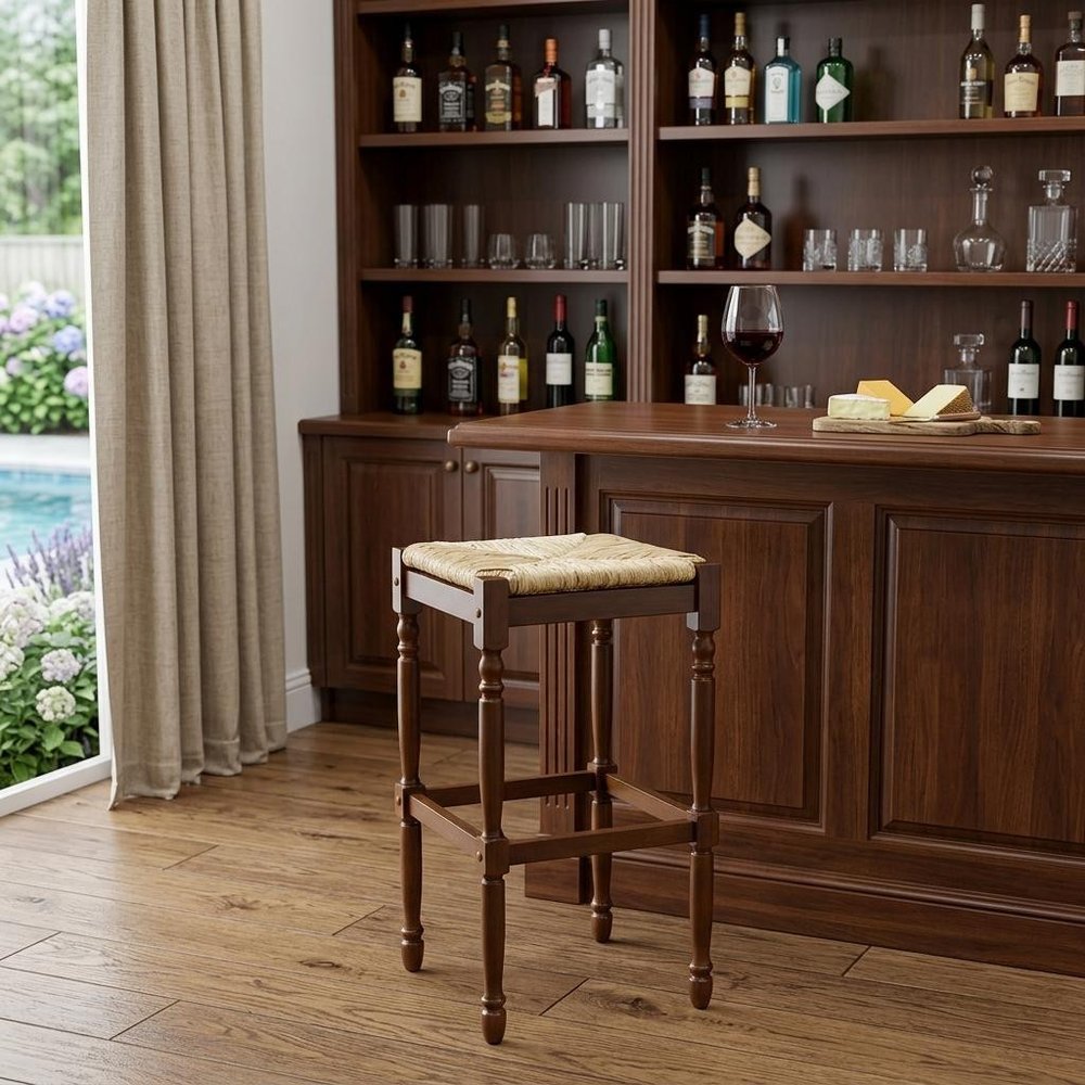 29" Natural And Brown Rush And Solid Wood Backless Bar Height Bar Chair