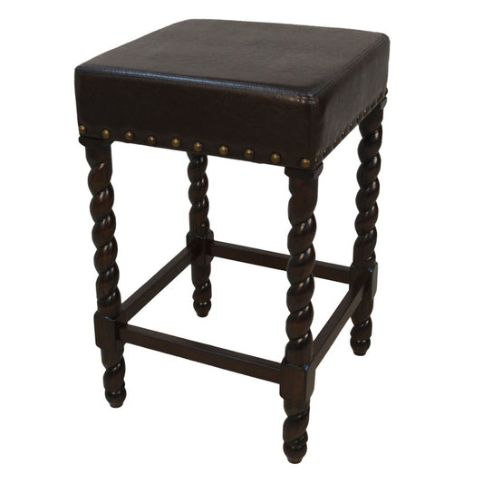 24" Black And Espresso Faux Leather And Fabric And Solid Wood Backless Counter Height Bar Chair