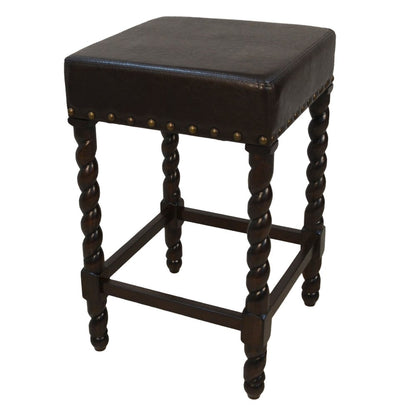 24" Black And Espresso Faux Leather And Fabric And Solid Wood Backless Counter Height Bar Chair
