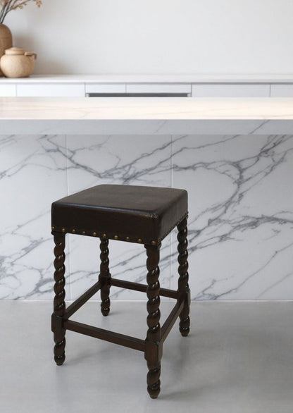 24" Black And Espresso Faux Leather And Solid Wood Backless Counter Height Bar Chair