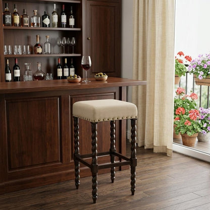 30" Cream And Espresso Solid Wood Backless Bar Height Bar Chair