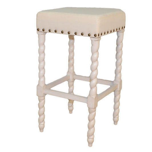 30" Cream And Vanilla Linen Upholstered Solid Wood Backless Bar Chair