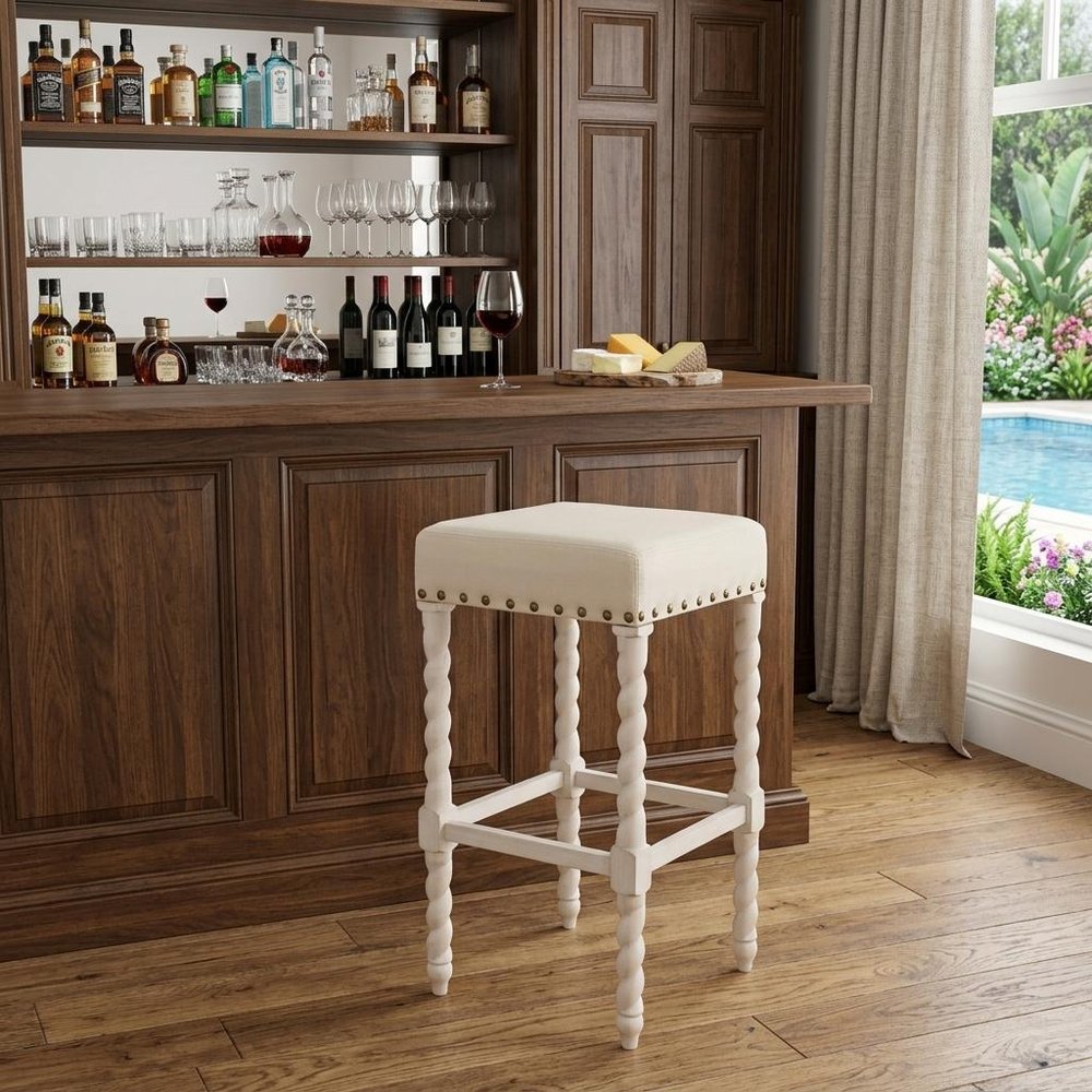 30" Cream And Vanilla Linen Upholstered Solid Wood Backless Bar Chair