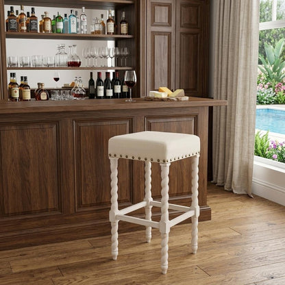 30" Cream And Vanilla Linen Upholstered Solid Wood Backless Bar Chair