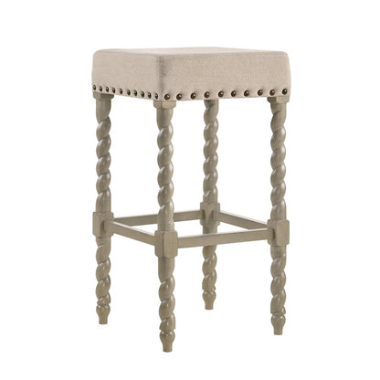 30" Cream And Gray Fabric And Solid Wood Backless Bar Height Bar Chair