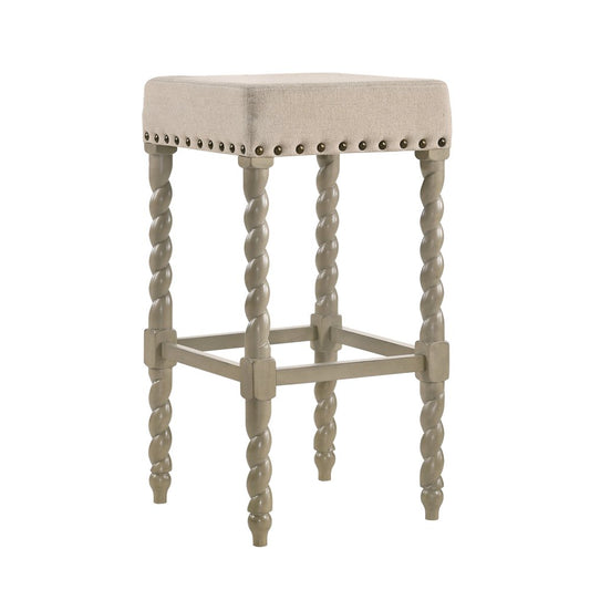 30" Cream And Gray Fabric And Solid Wood Backless Bar Height Bar Chair