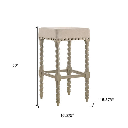 30" Cream And Gray Fabric And Solid Wood Backless Bar Height Bar Chair