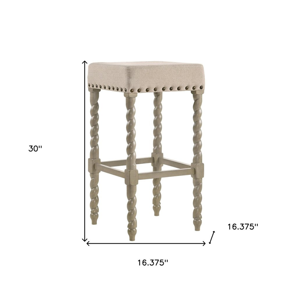 30" Cream And Gray Fabric And Solid Wood Backless Bar Height Bar Chair