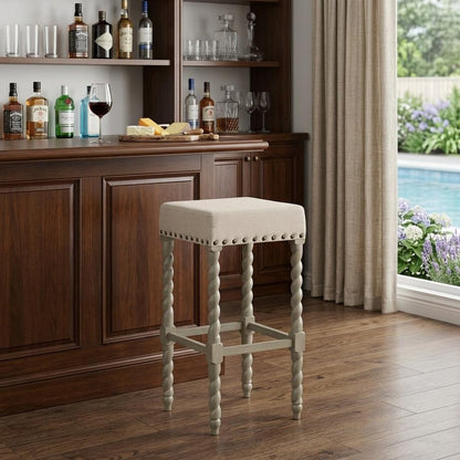 30" Cream And Gray Solid Wood Backless Bar Height Bar Chair