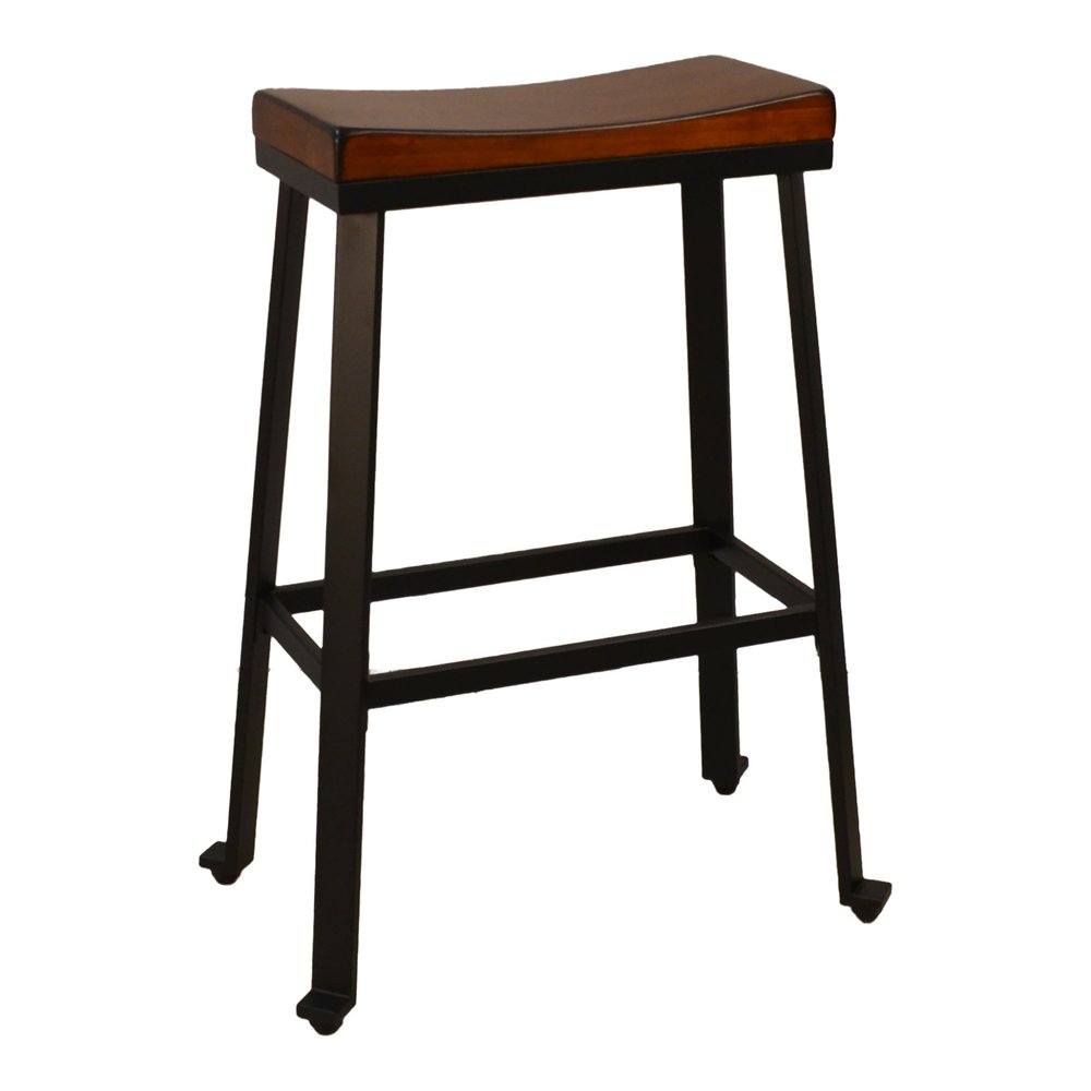 30" Chestnut And Black Solid Wood And Steel Backless Bar Height Bar Chair