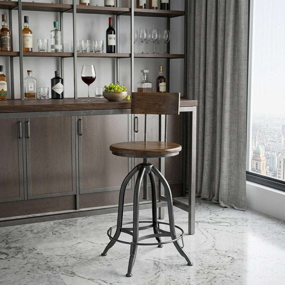 Chestnut And Black Solid Wood And Steel Low Back Adjustable Height Swivel Bar Chair
