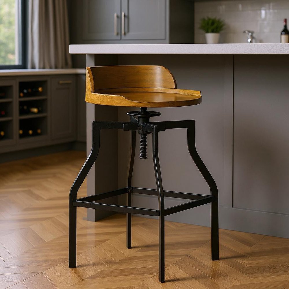 Chestnut And Black Solid Wood And Steel Backless Adjustable Height Swivel Bar Chair
