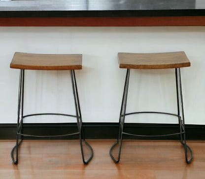 Set of Two 25" Chestnut and Black Solid Wood and Steel Backless Counter Height Bar Chairs