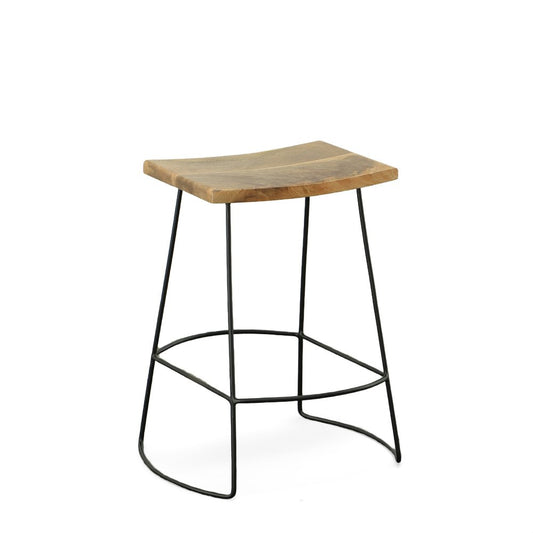 Set of Two 25" Natural And Black Solid Wood And Steel Backless Counter Height Bar Chairs