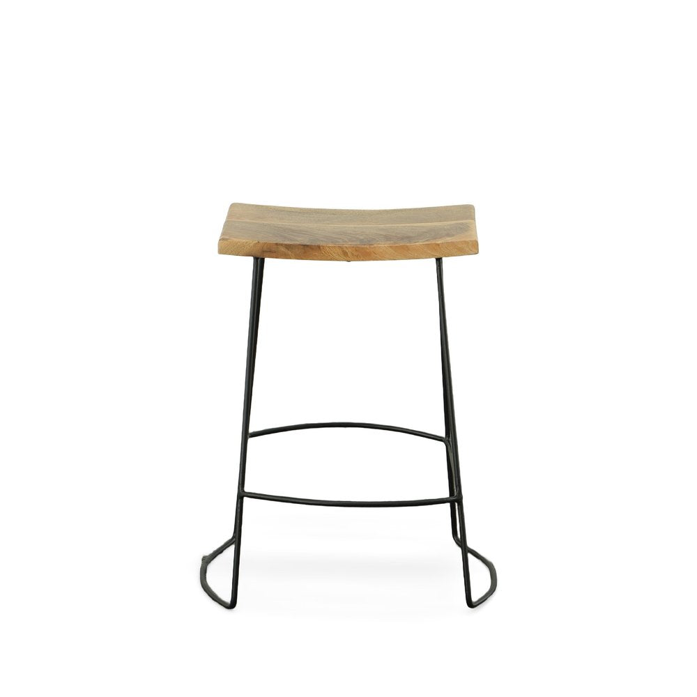 Set of Two 25" Natural And Black Solid Wood And Steel Backless Counter Height Bar Chairs