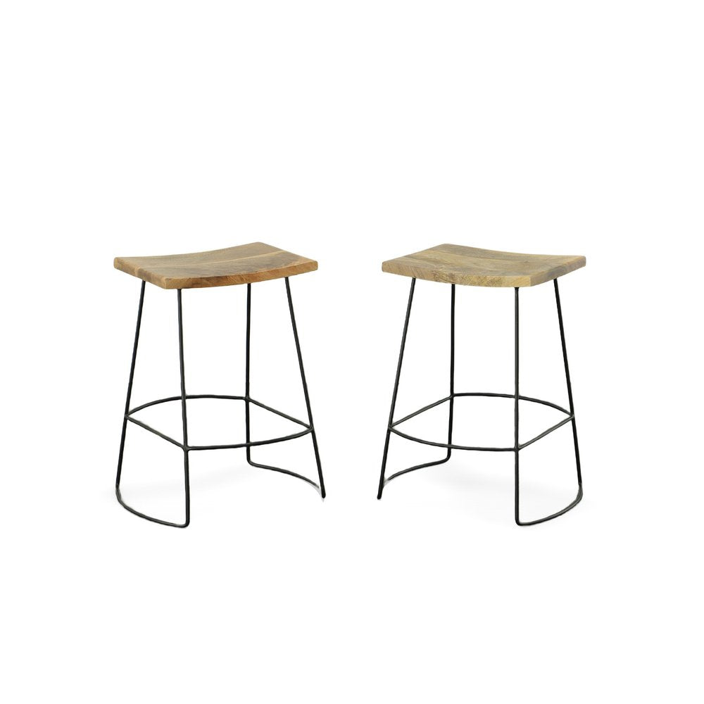 Set of Two 25" Natural And Black Solid Wood And Steel Backless Counter Height Bar Chairs