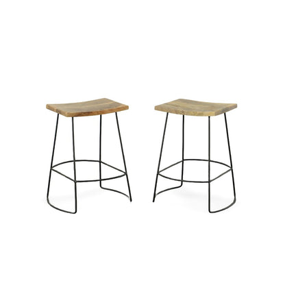 Set of Two 25" Natural And Black Solid Wood And Steel Backless Counter Height Bar Chairs