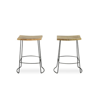 Set of Two 25" Natural And Black Solid Wood And Steel Backless Counter Height Bar Chairs