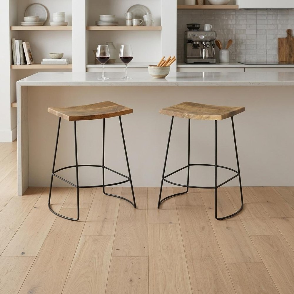 Set of Two 25" Natural And Black Solid Wood And Steel Backless Counter Height Bar Chairs