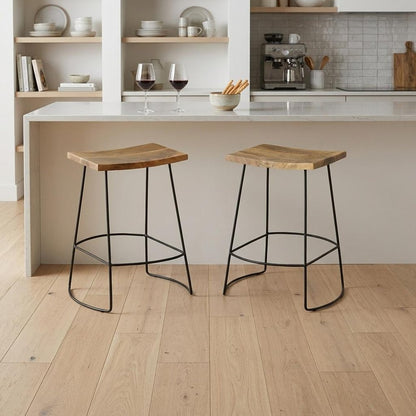 Set of Two 25" Natural And Black Solid Wood And Steel Backless Counter Height Bar Chairs