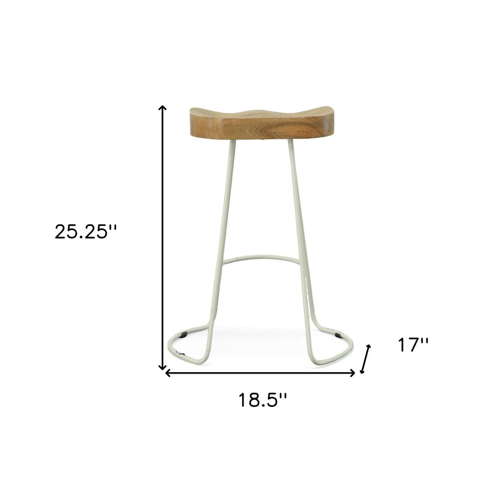 Set of Two 25" Natural And White Solid Wood And Steel Backless Counter Height Bar Chairs