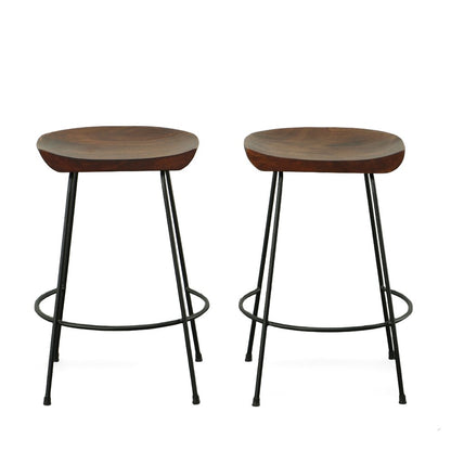 Set of Two 25" Chestnut And Black Solid Wood And Steel Backless Counter Height Bar Chairs