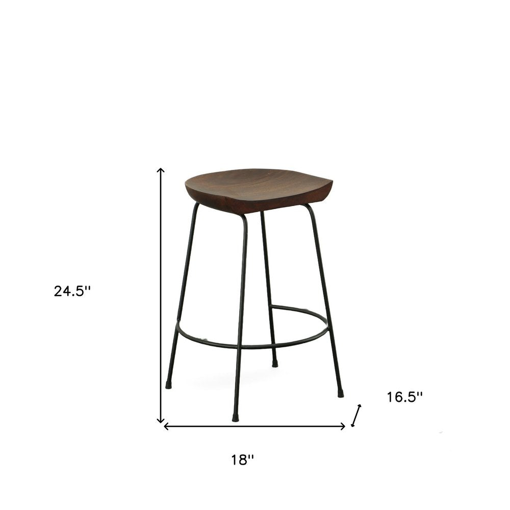 Set of Two 25" Chestnut and Black Solid Wood and Steel Backless Counter Height Bar Chairs