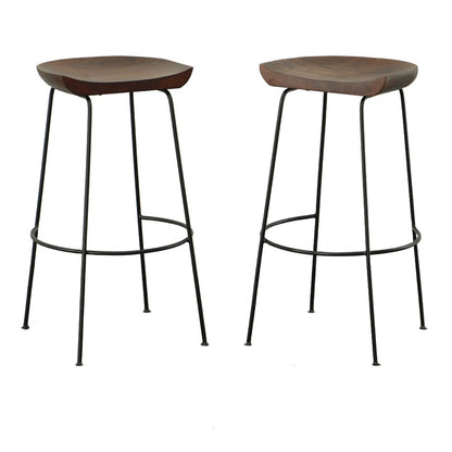 Set of Two 31" Chestnut and Black Solid Wood and Steel Backless Bar Height Bar Chairs