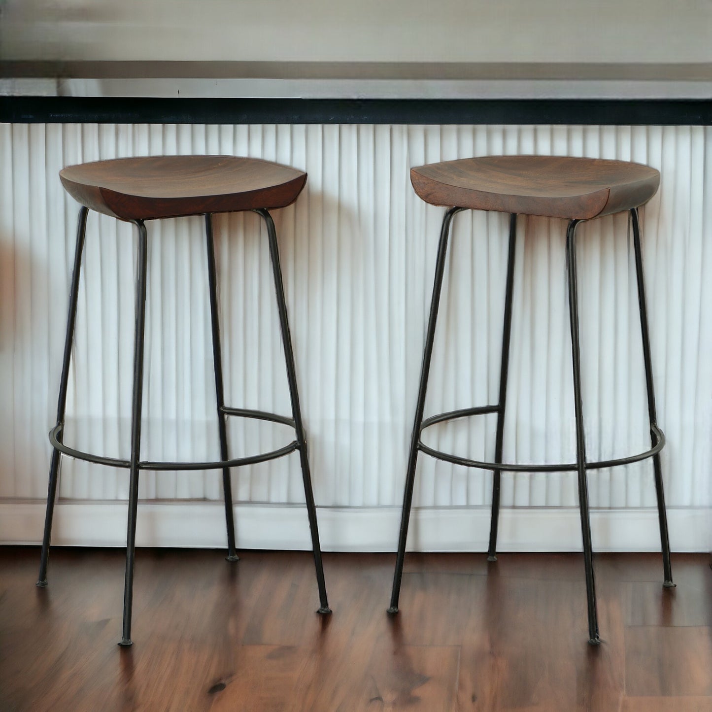 Set of Two 31" Chestnut And Black Steel Backless Bar Height Bar Chairs