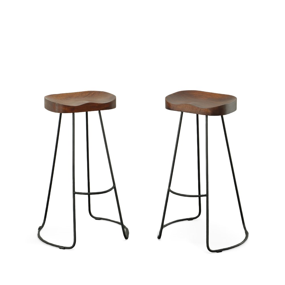 Set of Two 31" Chestnut and Black Solid Wood and Steel Backless Bar Height Bar Chairs