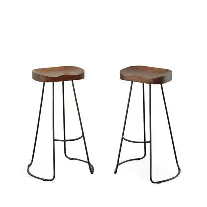 Set of Two 31" Chestnut and Black Solid Wood and Steel Backless Bar Height Bar Chairs